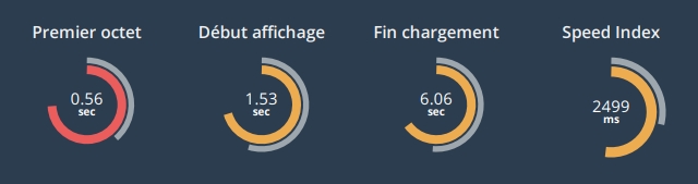 Premier octet : 0,56 sec ; Début d'affichage : 1,53 sec ; Fin chargment 6,06 sec ; Speed index : 2499 ms