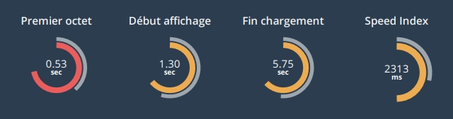Premier octet : 0,53 sec ; Début d'affichage : 1,30 sec ; Fin chargment 5,75 sec ; Speed index : 2313 ms
